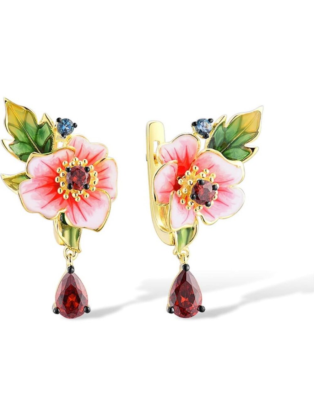 925 Sterling Silver Enamel Flower Gemstone Earrings - Elegant Floral Design